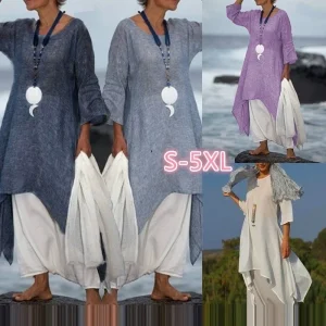 2023 Summer Women Fashion Irregular Casual Loose Linen Pullover Shirt Loose Top Ladies Solid Color Round Neck Dres