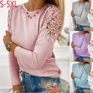 2023 Autumn New Women T-Shirt S-5XL Femme Solid Color Slim Fit Lace Hollow Long Sleeve Top Ladies Soft Lightweight Casual Blouse
