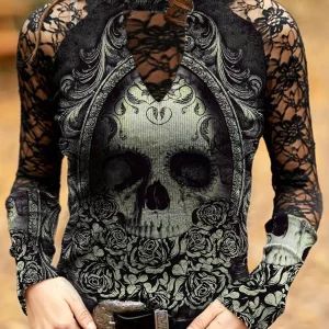 Cool Summer Women Fashion Turtle Neck Skull & Flower Print T-Shirt Gothic Hollow Long Sleeve Versatile Personality Y2k Lady Tops