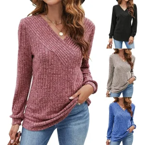 4 Colors V-Neck Knitted Top Women Elegant V-Neck Flattering Fit T-Shirt Autumn Winter Pullover Blouse