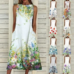 2023 Women Summer Fashion Elegant Sleeveless Print A-Line Plus Size Dress Girls Sweet Long Dress Round Neck Casual Party Dresses