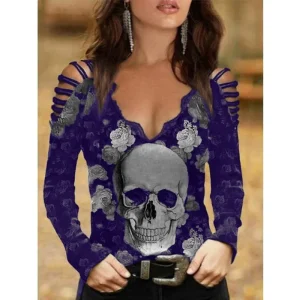 Cool Summer New Women T-Shirt Fashion Casual V-Neck Off Shoulder Sexy Skull Head Printed T-Shirt Gothic Hollow Long Sleeve Top